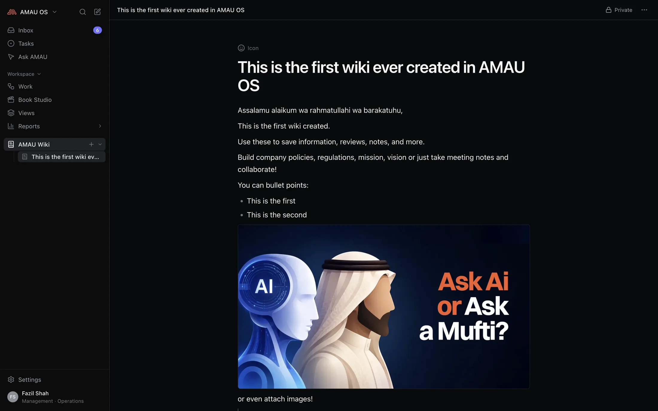 An AMAU Wiki page: prose, a mention naming a colleague, and a linked task.